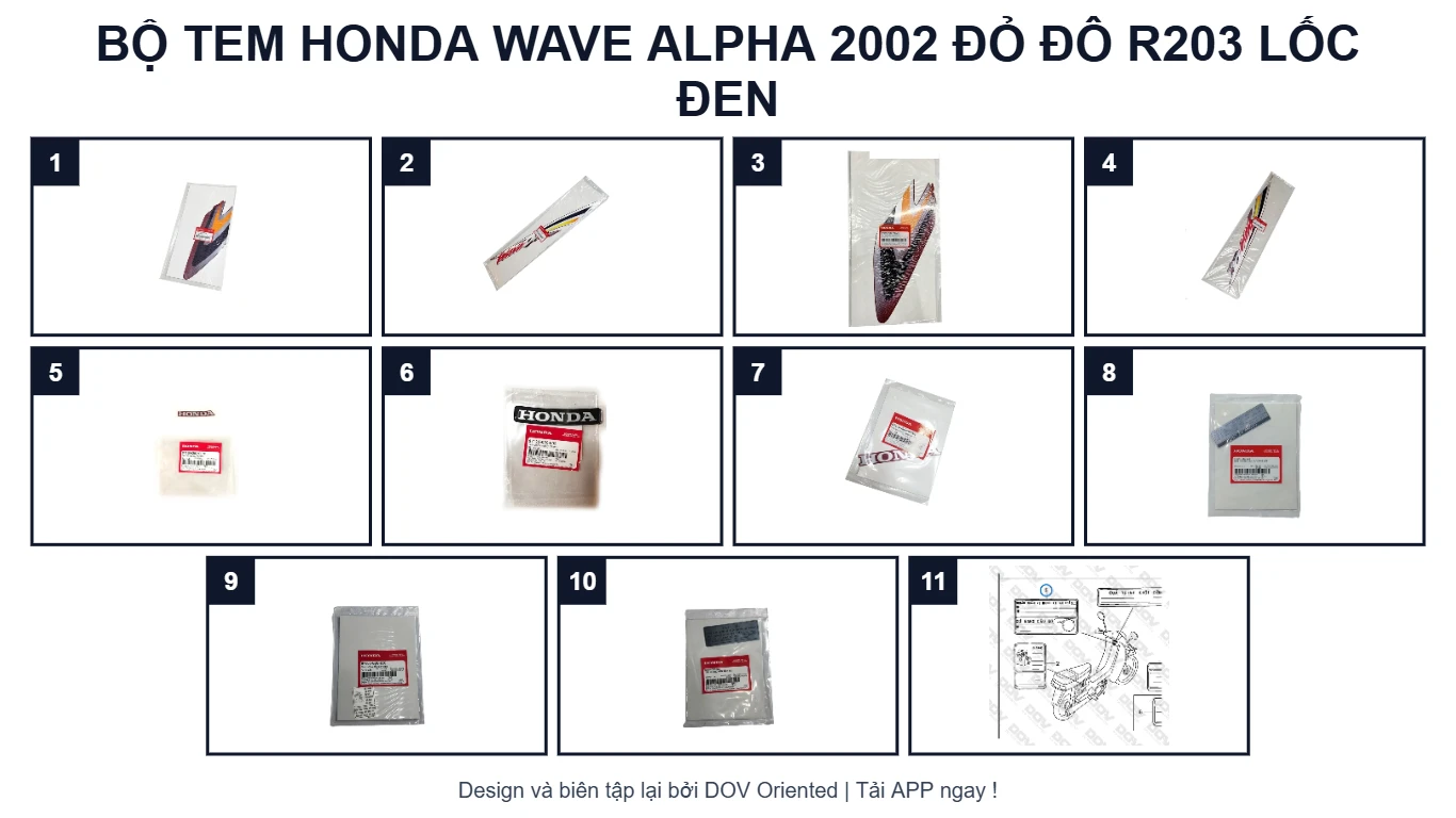 Sơ đồ EPC Bộ Tem HONDA Wave Alpha 2002 Đỏ Đô R203 Lốc Đen