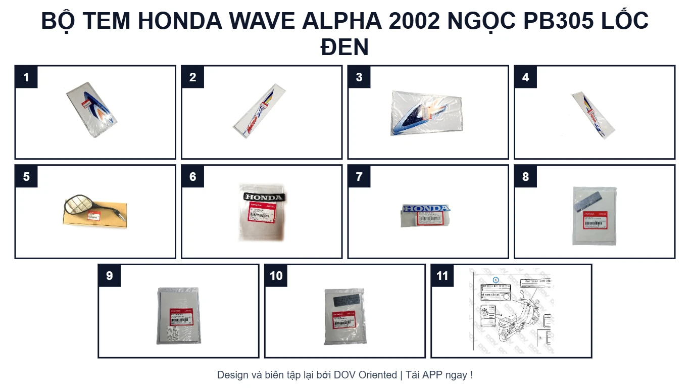 EPC Bộ Tem HONDA Wave Alpha 2002 Ngọc PB305 Lốc Đen