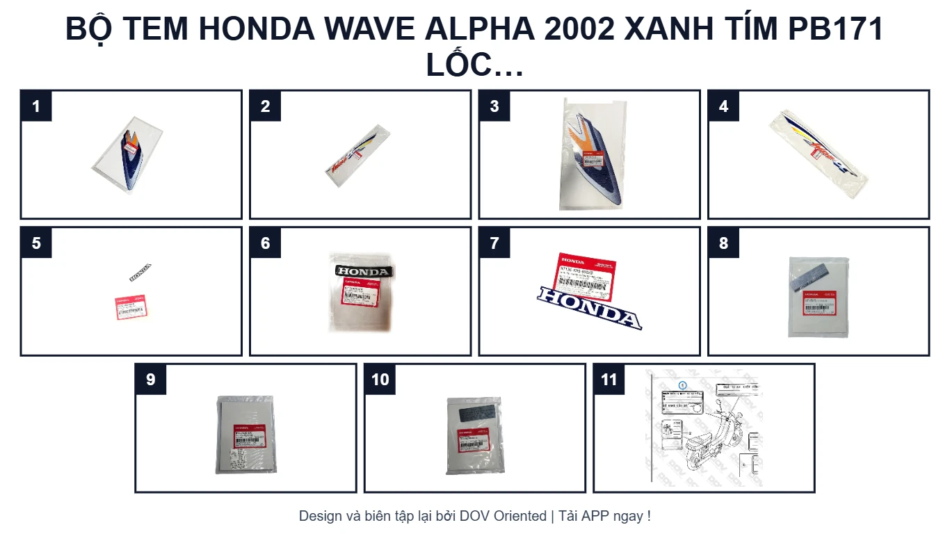 EPC Bộ Tem HONDA Wave Alpha 2002 Xanh tím PB171 Lốc Đen