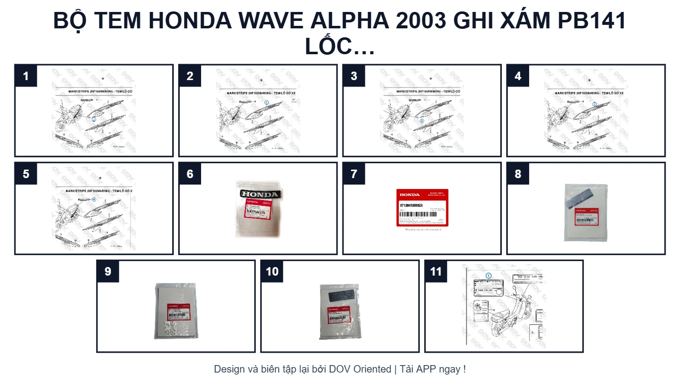 EPC Bộ Tem HONDA Wave Alpha 2003 Ghi xám PB141 Lốc Trắng