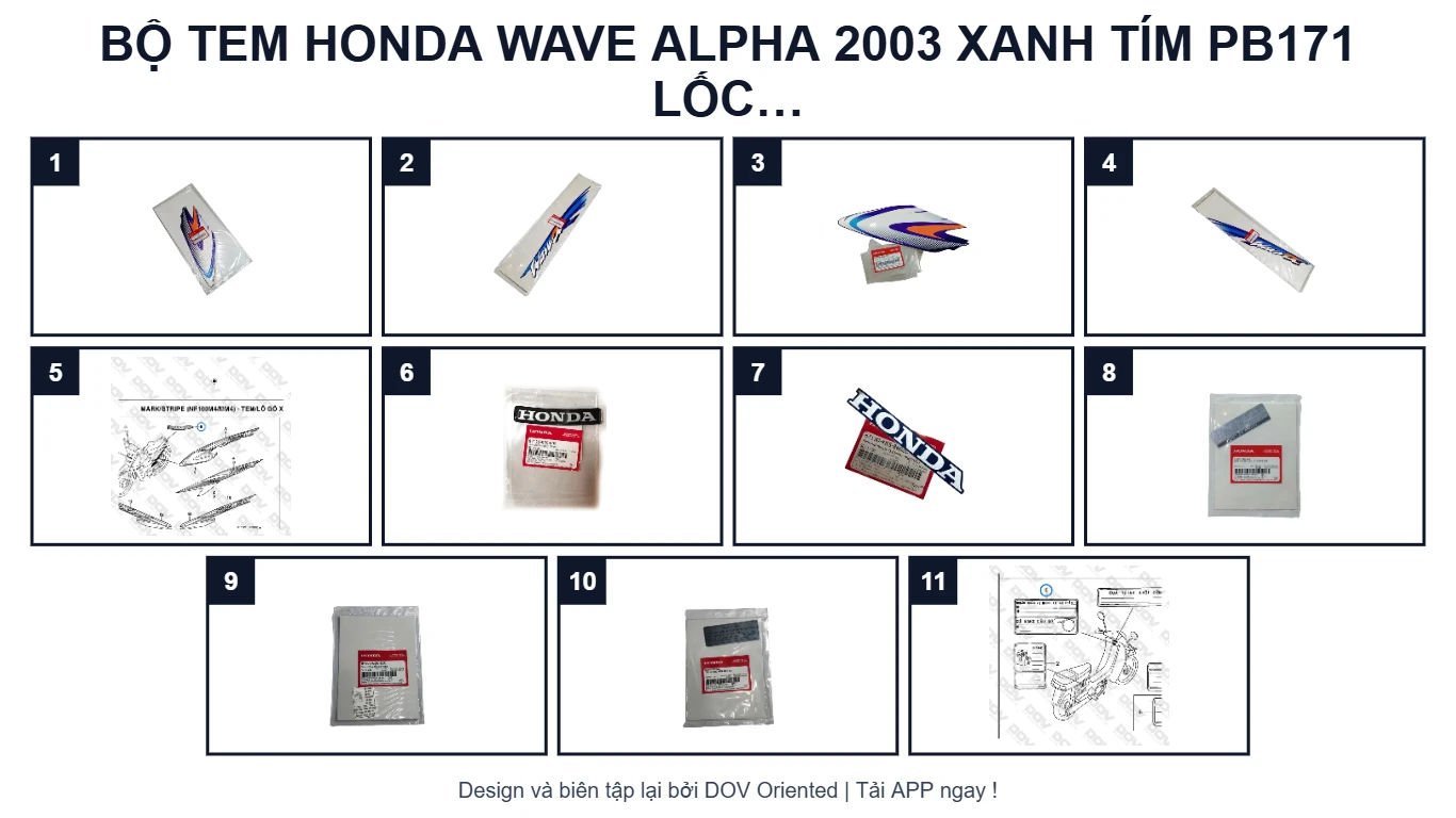 EPC Bộ Tem HONDA Wave Alpha 2003 Xanh tím PB171 Lốc Trắng