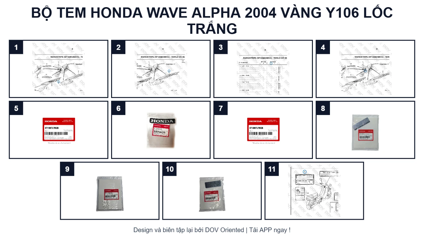 EPC Bộ Tem HONDA Wave Alpha 2004 Vàng Y106 Lốc Trắng