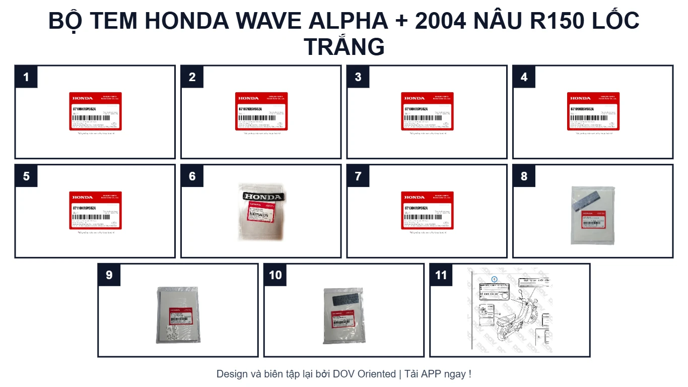 EPC Bộ Tem HONDA Wave Alpha + 2004 Nâu R150 Lốc Trắng