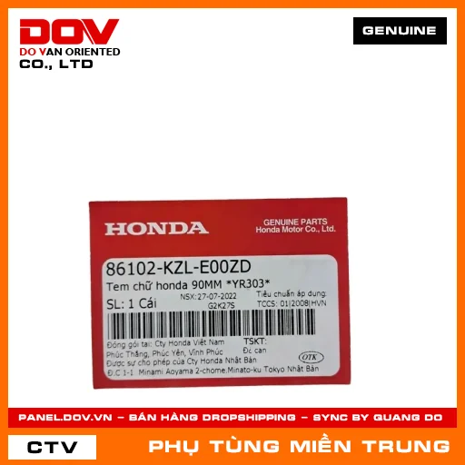 TEM CHỮ HONDA 90MM *YR303* HONDA CHÍNH HÃNG (MÃ: 86102KZLE00ZD) — 86102KZLE00ZD