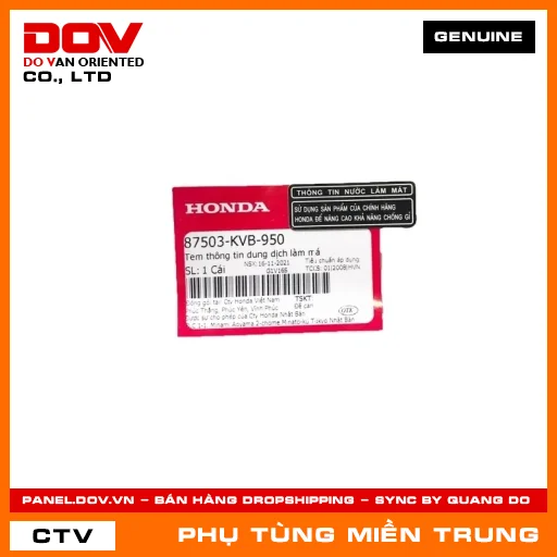 TEM THÔNG TIN DUNG DỊCH LÀM MÁ HONDA CHÍNH HÃNG (MÃ: 87503KVB950) — 87503KVB950