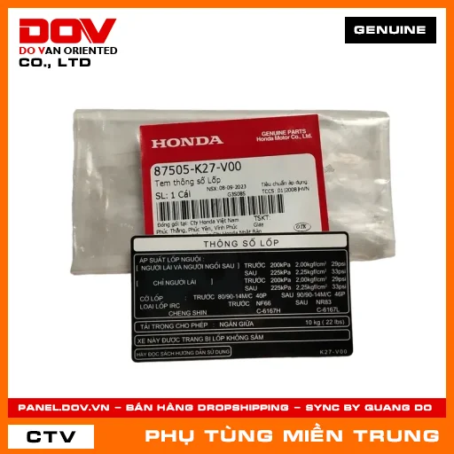 TEM THÔNG SỐ LỐP HONDA CHÍNH HÃNG (MÃ: 87505K27V00) — 87505K27V00