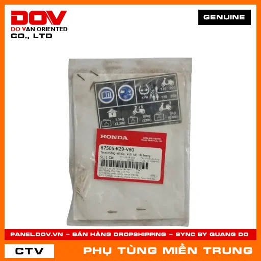 TEM THÔNG SỐ LỐP, XÍCH TẢI, TẢI TRỌNG HONDA CHÍNH HÃNG (MÃ: 87505K29V80) — 87505K29V80