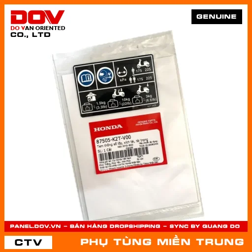 TEM THÔNG SỐ LỐP, XÍCH TẢI, TẢI TRỌNG HONDA CHÍNH HÃNG (MÃ: 87505K2TV00) — 87505K2TV00