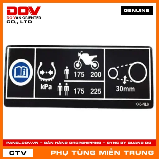 TEM THÔNG SỐ LỐP VÀ XÍCH TẢI HONDA CHÍNH HÃNG (MÃ: 87505K45NL0) — 87505K45NL0