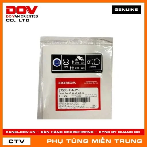 TEM THÔNG SỐ LỐP VÀ XÍCH TẢI HONDA CHÍNH HÃNG (MÃ: 87505K56V50) — 87505K56V50