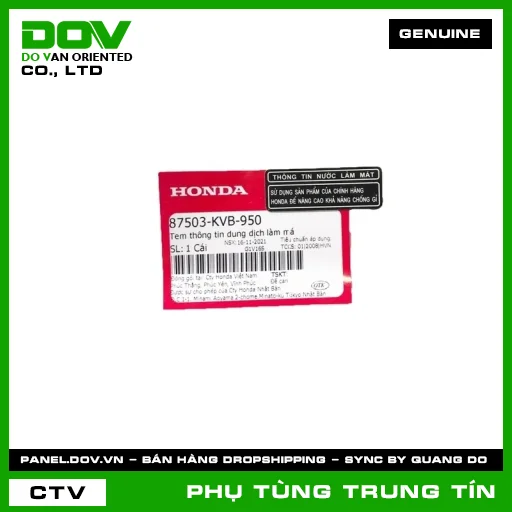 TEM THÔNG TIN DUNG DỊCH LÀM MÁ | 87503-KVB-950 | HONDA (AIR BLADE 110, CLICK 110, LEAD 110, SH 125/150) — 87503KVB950