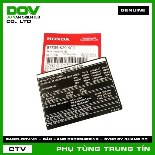 TEM THÔNG SỐ LỐP | 87505-K29-900 | HONDA (SH MODE) — 87505K29900