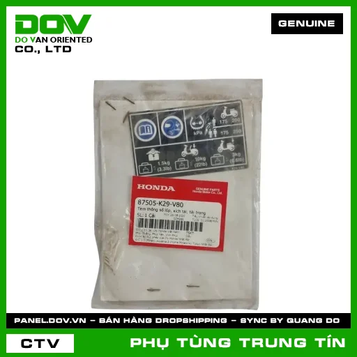 TEM THÔNG SỐ LỐP, XÍCH TẢI, TẢI TRỌNG | 87505-K29-V80 | HONDA — 87505K29V80