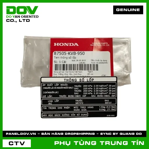TEM THÔNG SỐ LỐP | 87505-KVB-950 | HONDA (CLICK 110) — 87505KVB950