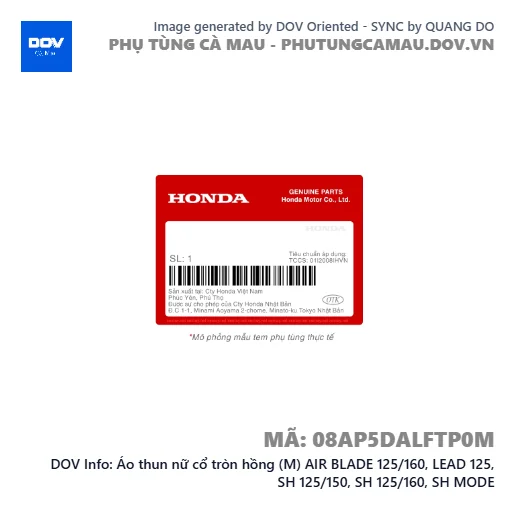 Áo thun nữ cổ tròn hồng (M) AIR BLADE 125/160, LEAD 125, SH 125/150, SH 125/160, SH MODE — 08AP5DALFTP0M