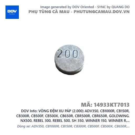 VÒNG ĐỆM XU PÁP (2.000) ADV350, CB1000R, CB150R, CB300R, CB500F, CB500X, CB650R, CBR500R, CBR650R, GOLDWING, NX500, REBEL 300, REBEL 500, SH 350, WINNER 150, WINNER R, WINNER X — 14933KT7013