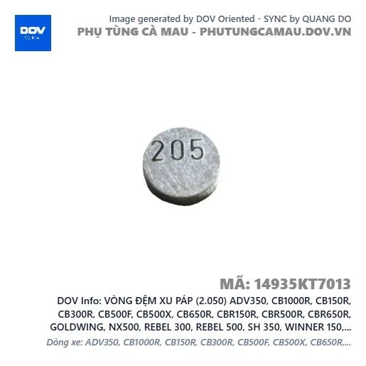VÒNG ĐỆM XU PÁP (2.050) ADV350, CB1000R, CB150R, CB300R, CB500F, CB500X, CB650R, CBR150R, CBR500R, CBR650R, GOLDWING, NX500, REBEL 300, REBEL 500, SH 350, WINNER 150, WINNER R, WINNER X — 14935KT7013