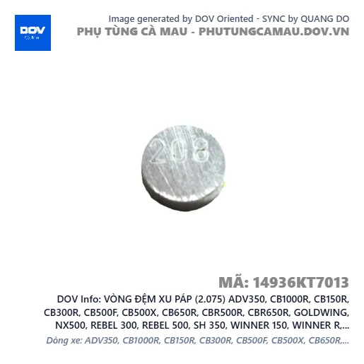 VÒNG ĐỆM XU PÁP (2.075) ADV350, CB1000R, CB150R, CB300R, CB500F, CB500X, CB650R, CBR500R, CBR650R, GOLDWING, NX500, REBEL 300, REBEL 500, SH 350, WINNER 150, WINNER R, WINNER X — 14936KT7013