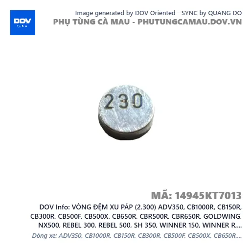 VÒNG ĐỆM XU PÁP (2.300) ADV350, CB1000R, CB150R, CB300R, CB500F, CB500X, CB650R, CBR500R, CBR650R, GOLDWING, NX500, REBEL 300, REBEL 500, SH 350, WINNER 150, WINNER R, WINNER X — 14945KT7013