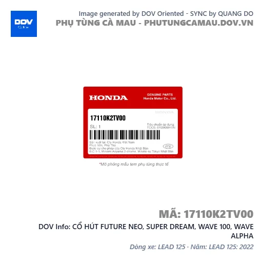 CỔ HÚT FUTURE NEO, SUPER DREAM, WAVE 100, WAVE ALPHA — 17110K2TV00