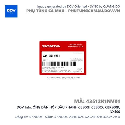 ỐNG DẪN HỘP DẦU PHANH CB500F, CB500X, CBR500R, NX500 — 43512K1NV01