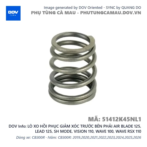 LÒ XO HỒI PHỤC GIẢM XÓC TRƯỚC BÊN PHẢI AIR BLADE 125, LEAD 125, SH MODE, VISION 110, WAVE 100, WAVE RSX 110 — 51412K45NL1