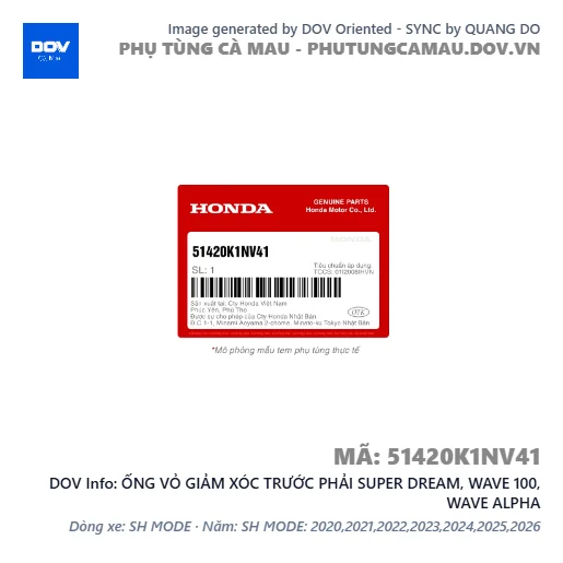 ỐNG VỎ GIẢM XÓC TRƯỚC PHẢI SUPER DREAM, WAVE 100, WAVE ALPHA — 51420K1NV41