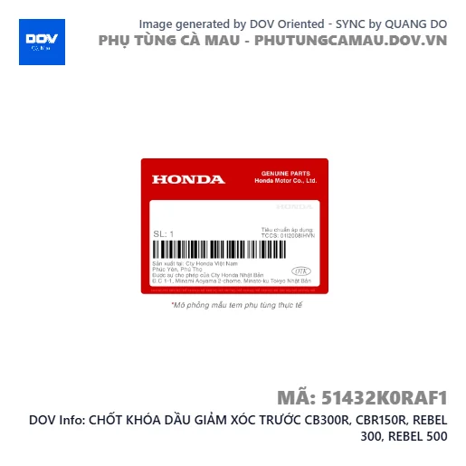 CHỐT KHÓA DẦU GIẢM XÓC TRƯỚC CB300R, CBR150R, REBEL 300, REBEL 500 — 51432K0RAF1