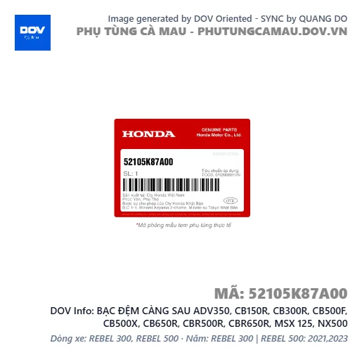 BẠC ĐỆM CÀNG SAU ADV350, CB150R, CB300R, CB500F, CB500X, CB650R, CBR500R, CBR650R, MSX 125, NX500 — 52105K87A00