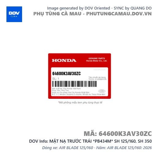 MẶT NẠ TRƯỚC TRÁI *PB434M* SH 125/160, SH 350 — 64600K3AV30ZC