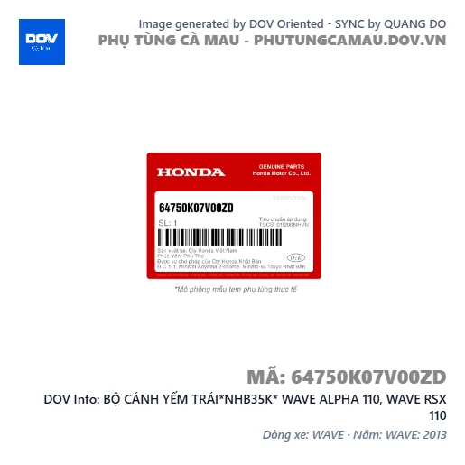 BỘ CÁNH YẾM TRÁI*NHB35K* WAVE ALPHA 110, WAVE RSX 110 — 64750K07V00ZD