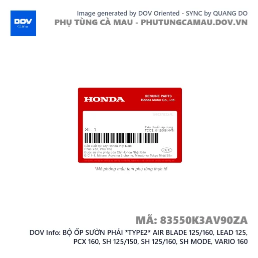 BỘ ỐP SƯỜN PHẢI *TYPE2* AIR BLADE 125/160, LEAD 125, PCX 160, SH 125/150, SH 125/160, SH MODE, VARIO 160 — 83550K3AV90ZA