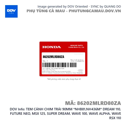 TEM CÁNH CHIM TRÁI 90MM *NHB81,NH436M* DREAM 110, FUTURE NEO, MSX 125, SUPER DREAM, WAVE 100, WAVE ALPHA, WAVE RSX 110 — 86202MLRD80ZA