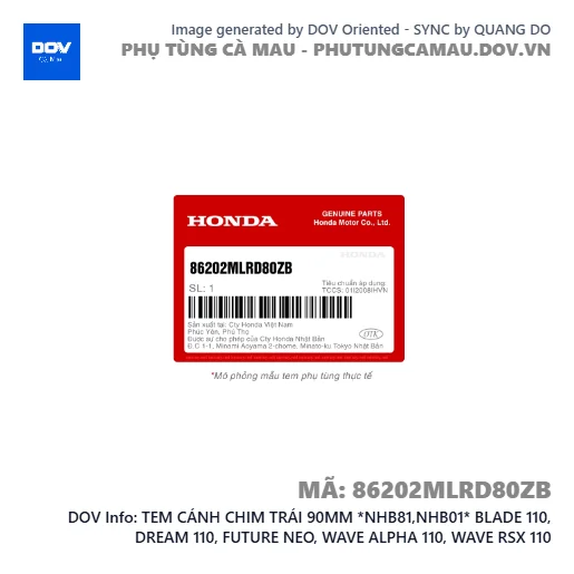 TEM CÁNH CHIM TRÁI 90MM *NHB81,NHB01* BLADE 110, DREAM 110, FUTURE NEO, WAVE ALPHA 110, WAVE RSX 110 — 86202MLRD80ZB