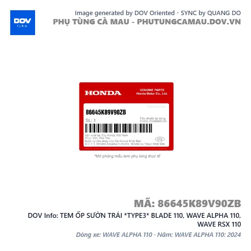 TEM ỐP SƯỜN TRÁI *TYPE3* BLADE 110, WAVE ALPHA 110, WAVE RSX 110 — 86645K89V90ZB