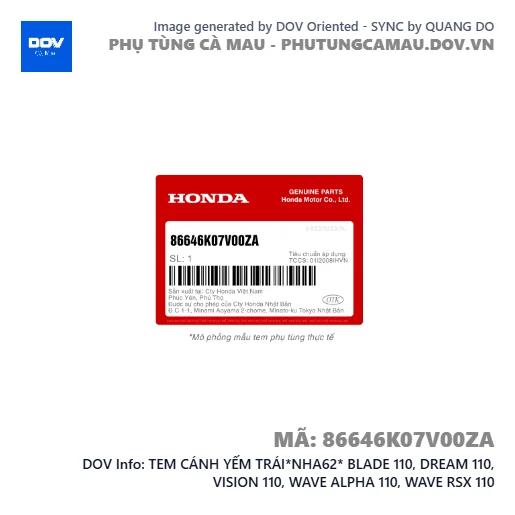 TEM CÁNH YẾM TRÁI*NHA62* BLADE 110, DREAM 110, VISION 110, WAVE ALPHA 110, WAVE RSX 110 — 86646K07V00ZA