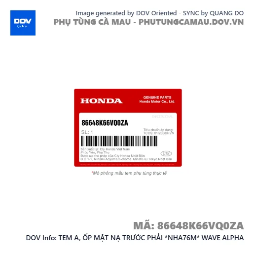 TEM A, ỐP MẶT NẠ TRƯỚC PHẢI *NHA76M* WAVE ALPHA — 86648K66VQ0ZA