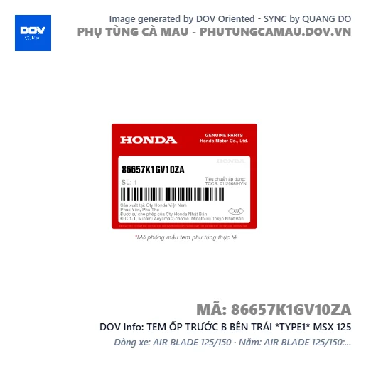 TEM ỐP TRƯỚC B BÊN TRÁI *TYPE1* MSX 125 — 86657K1GV10ZA