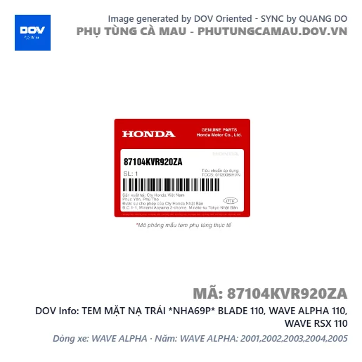 TEM MẶT NẠ TRÁI *NHA69P* BLADE 110, WAVE ALPHA 110, WAVE RSX 110 — 87104KVR920ZA