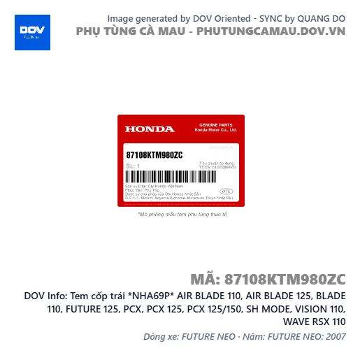 Tem cốp trái *NHA69P* AIR BLADE 110, AIR BLADE 125, BLADE 110, FUTURE 125, PCX, PCX 125, PCX 125/150, SH MODE, VISION 110, WAVE RSX 110 — 87108KTM980ZC