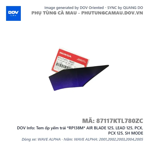 Tem ốp yếm trái *RP138M* AIR BLADE 125, LEAD 125, PCX, PCX 125, SH MODE — 87117KTL780ZC