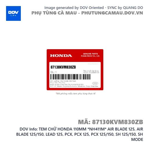 TEM CHỮ HONDA 110MM *NH411M* AIR BLADE 125, AIR BLADE 125/150, LEAD 125, PCX, PCX 125, PCX 125/150, SH 125/150, SH MODE — 87130KVM830ZB