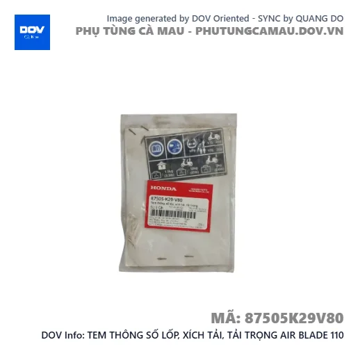 TEM THÔNG SỐ LỐP, XÍCH TẢI, TẢI TRỌNG AIR BLADE 110 — 87505K29V80
