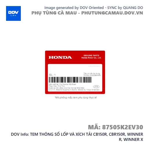 TEM THÔNG SỐ LỐP VÀ XÍCH TẢI CB150R, CBR150R, WINNER R, WINNER X — 87505K2EV30