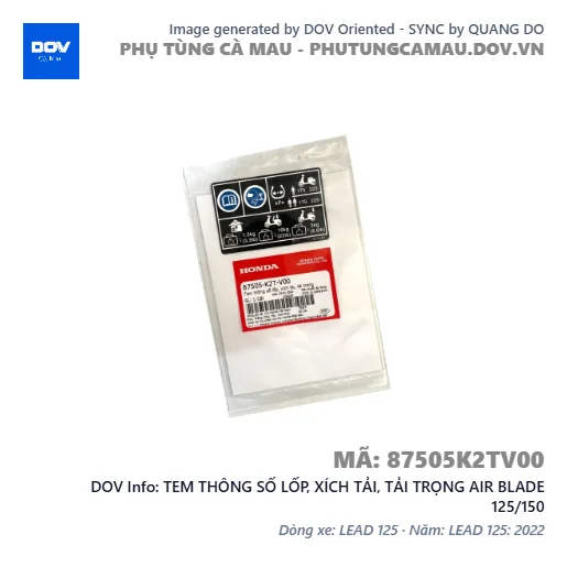 TEM THÔNG SỐ LỐP, XÍCH TẢI, TẢI TRỌNG AIR BLADE 125/150 — 87505K2TV00