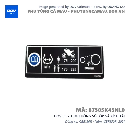 TEM THÔNG SỐ LỐP VÀ XÍCH TẢI  — 87505K45NL0