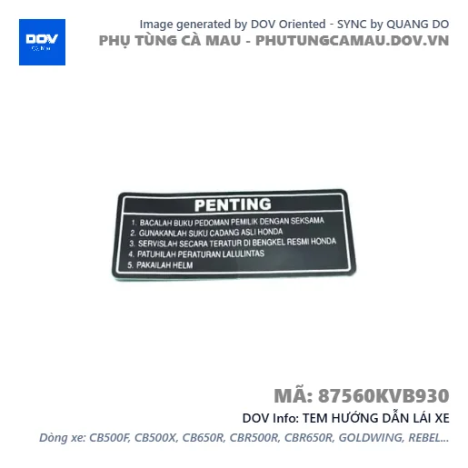 TEM HƯỚNG DẪN LÁI XE — 87560KVB930