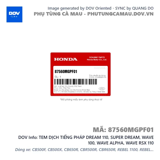 TEM DỊCH TIẾNG PHÁP DREAM 110, SUPER DREAM, WAVE 100, WAVE ALPHA, WAVE RSX 110 — 87560MGPF01