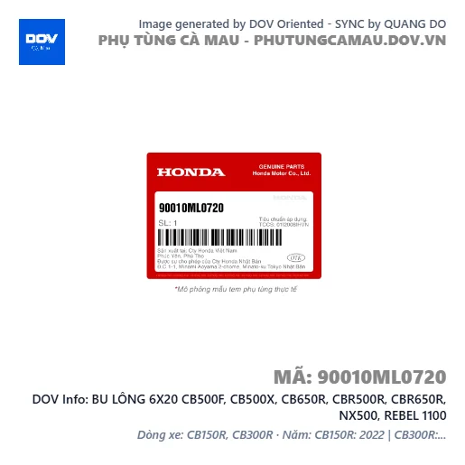 BU LÔNG 6X20 CB500F, CB500X, CB650R, CBR500R, CBR650R, NX500, REBEL 1100 — 90010ML0720