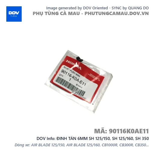 ĐINH TÁN 6MM SH 125/150, SH 125/160, SH 350 — 90116K0AE11